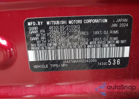 2024 Mitsubishi Eclipse Cross Se S-Awc/Sel S-Awc из США, поврежденный, VIN JA4ATWAAXRZ042099